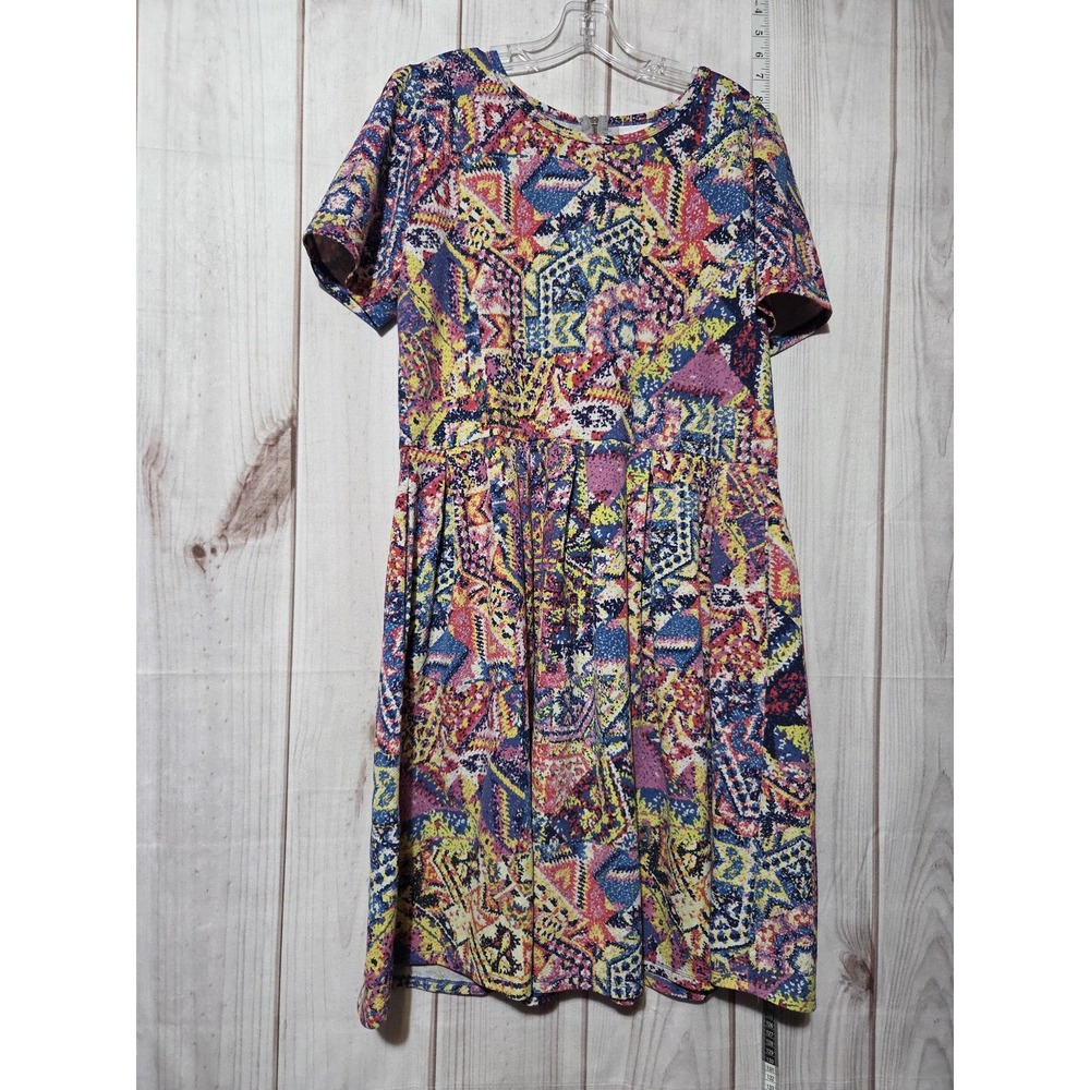 LuLaRoe Dress Womens 3XL Multicolor Geometric Short Sleeve Pockets Polyester